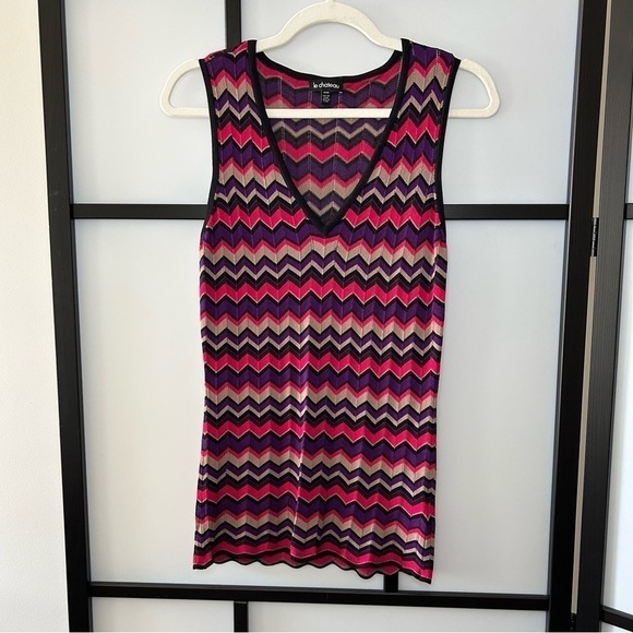 [M] NWOT Le Chateau 95% Viscose Pink, Purple & Black Chevron Pattern Tank Top - Picture 4 of 11